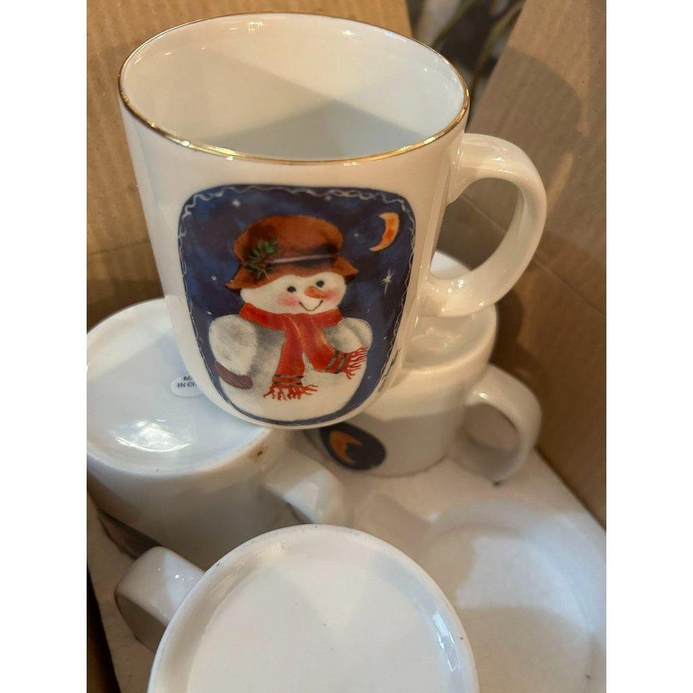 4 Elaine Thompson Vintage 1997 Snowman Christmas Mug Cups Ceramic w/ Gold Trim